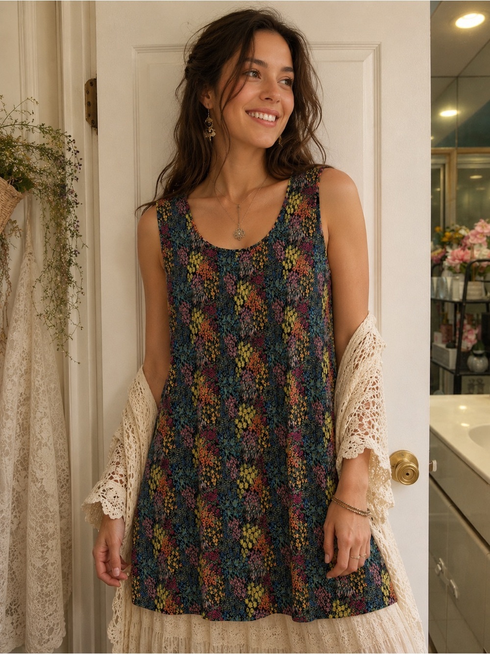 Jane & Delancey Floral Sleeveless Tunic Mini Dress/ Blouse/ long flowy tank, L